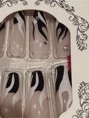 Zebra Swirl French Tip Press On Nails w/ Rhinestones | Y2K Glam